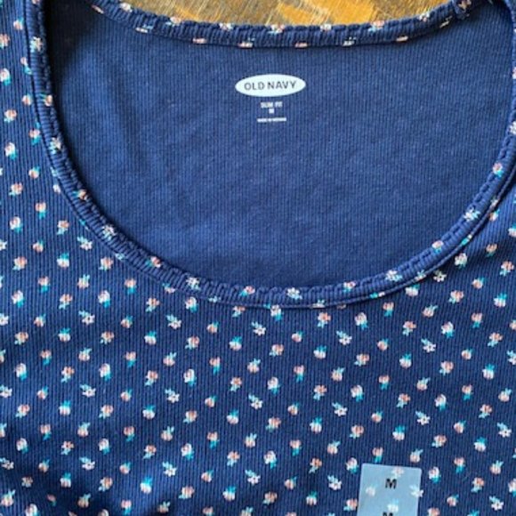 Old Navy Slim Fit Scoop Neck Navy floral long sleeve ribbed tee sz M - Picture 3 of 6
